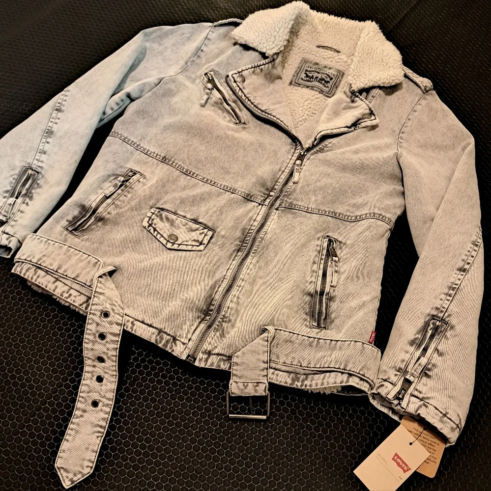 Levi's Washed Grey Denim-Sherpa Fall/Winter Biker Jacket/Coat Size M - Picture 1 of 15